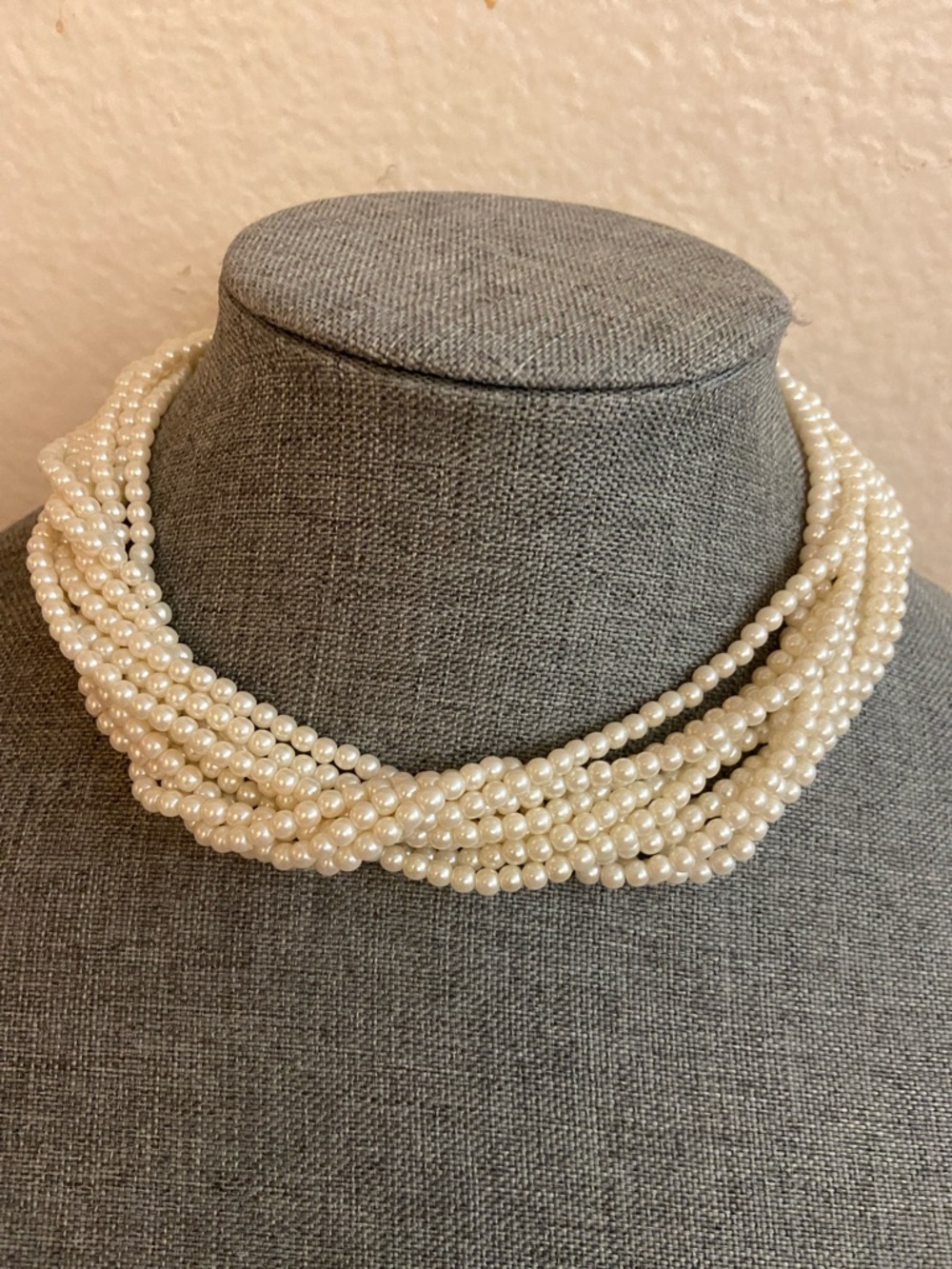 Vintage 90s 10 Strand Ivory Faux Pearl Twist Necklace
